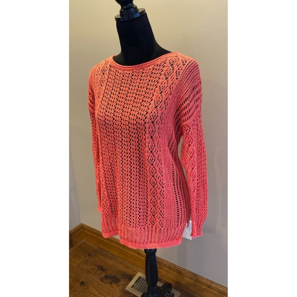 Chico’s Loose Open Weave Sweater Size Medium Orange Tangerine Round Neckline - Picture 4 of 11